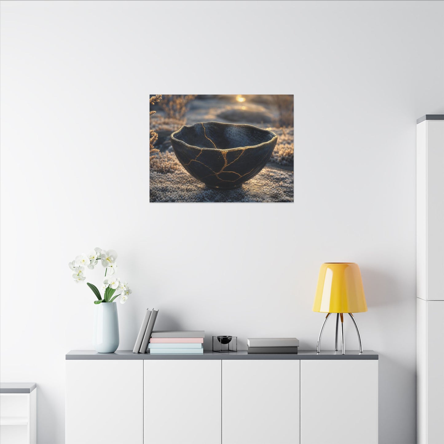 Ceramic Bowl Canvas Art | Winter Kintsugi Gold Repair Art