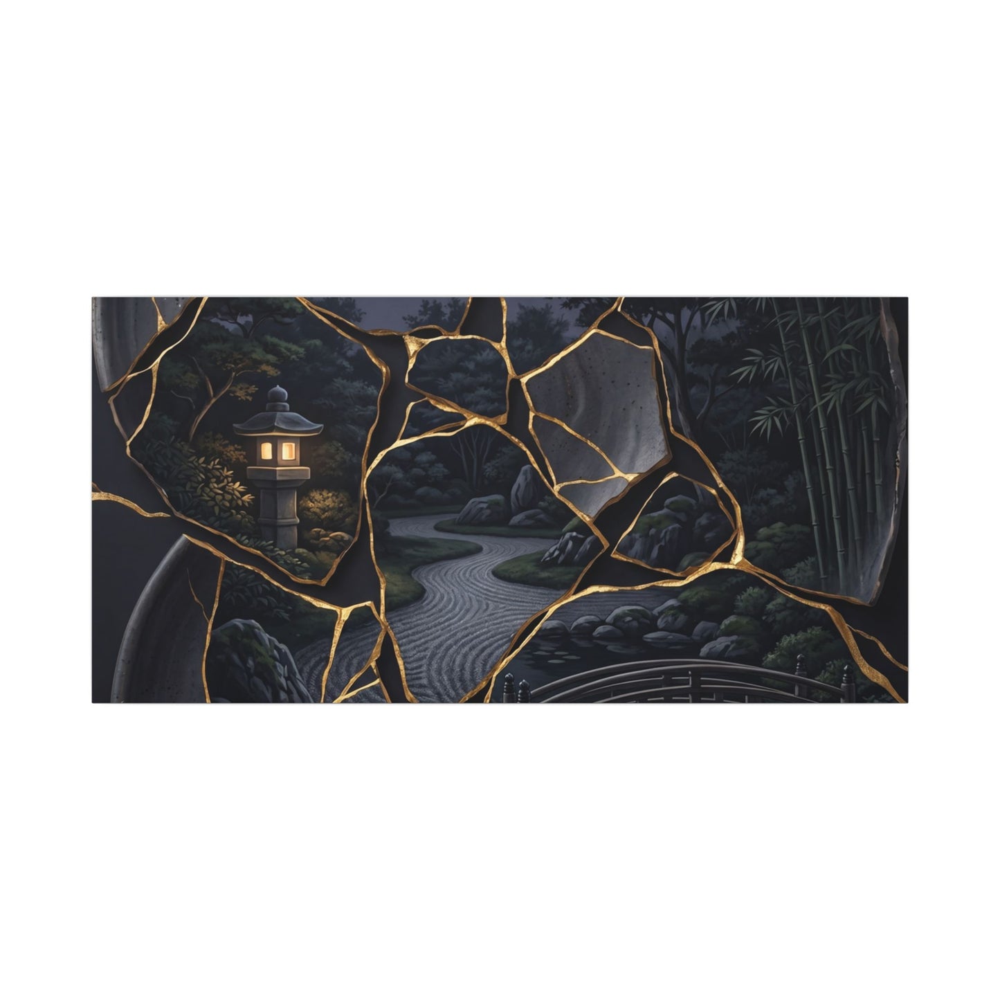 Kintsugi Moonlit Garden in Golden Hour | Gold Repair Canvas Art