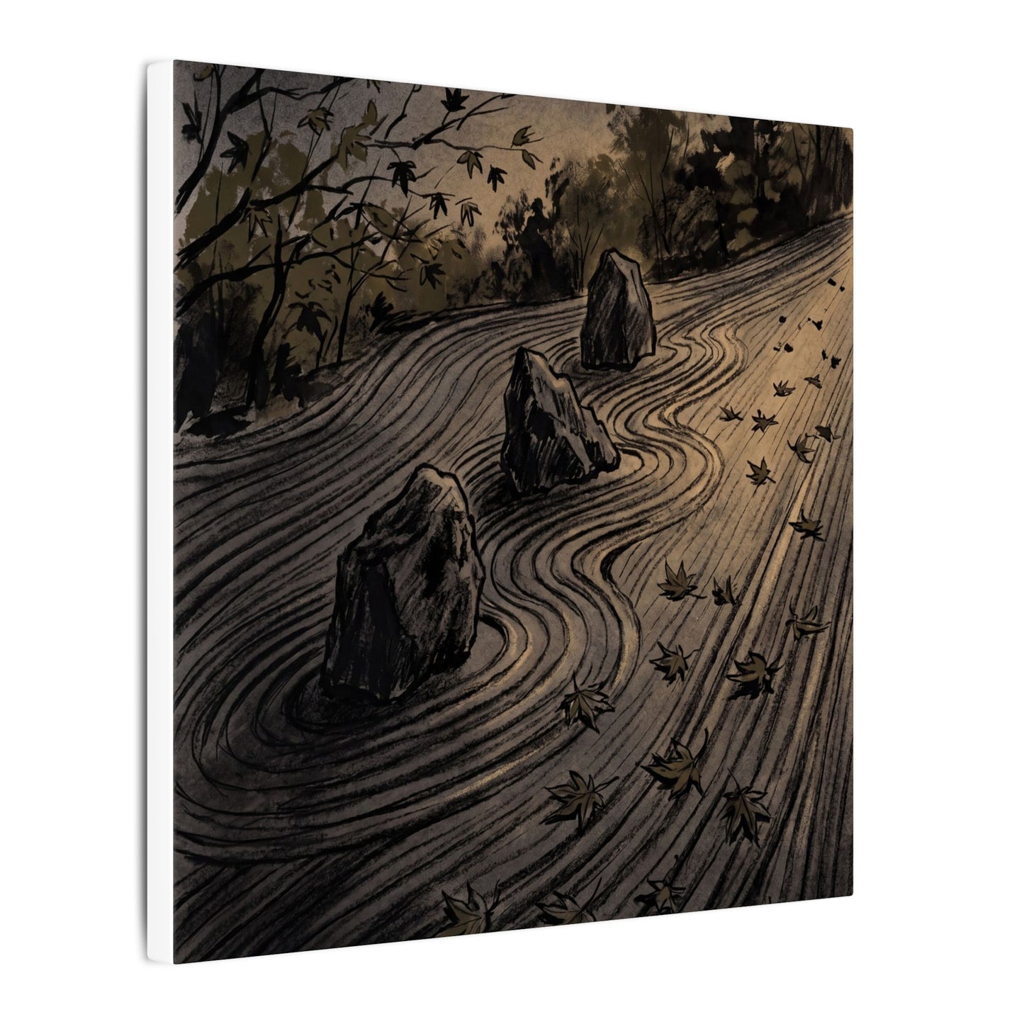 Rock Garden Canvas Art | Autumn Dark Japandi Charcoal Ink Art