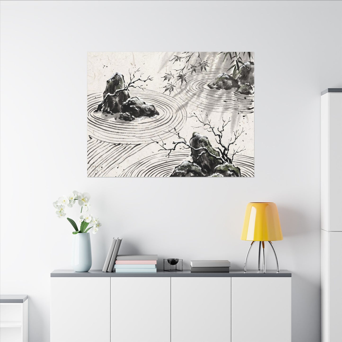 Rock Garden Canvas Art | Winter Zen Sumi E Art