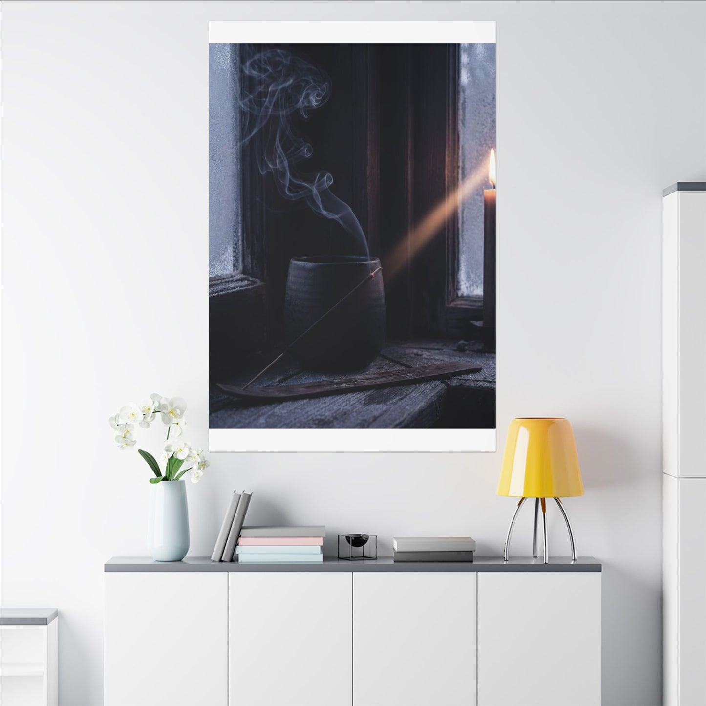Incense Smoke Winter Canvas Art | Dark Japandi Sophisticated Design
