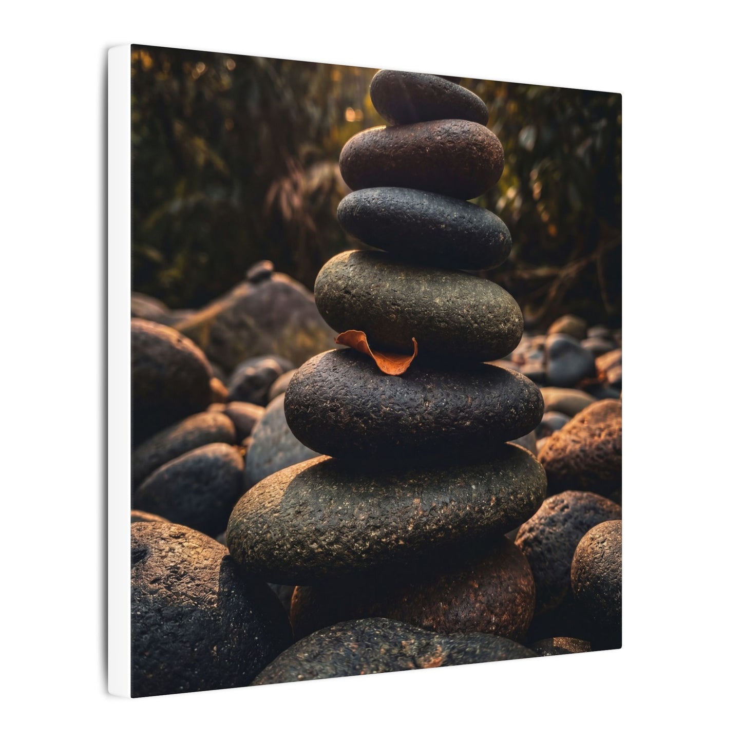 Dark Japandi River Stones in Golden Hour | Moody Minimal Canvas Art