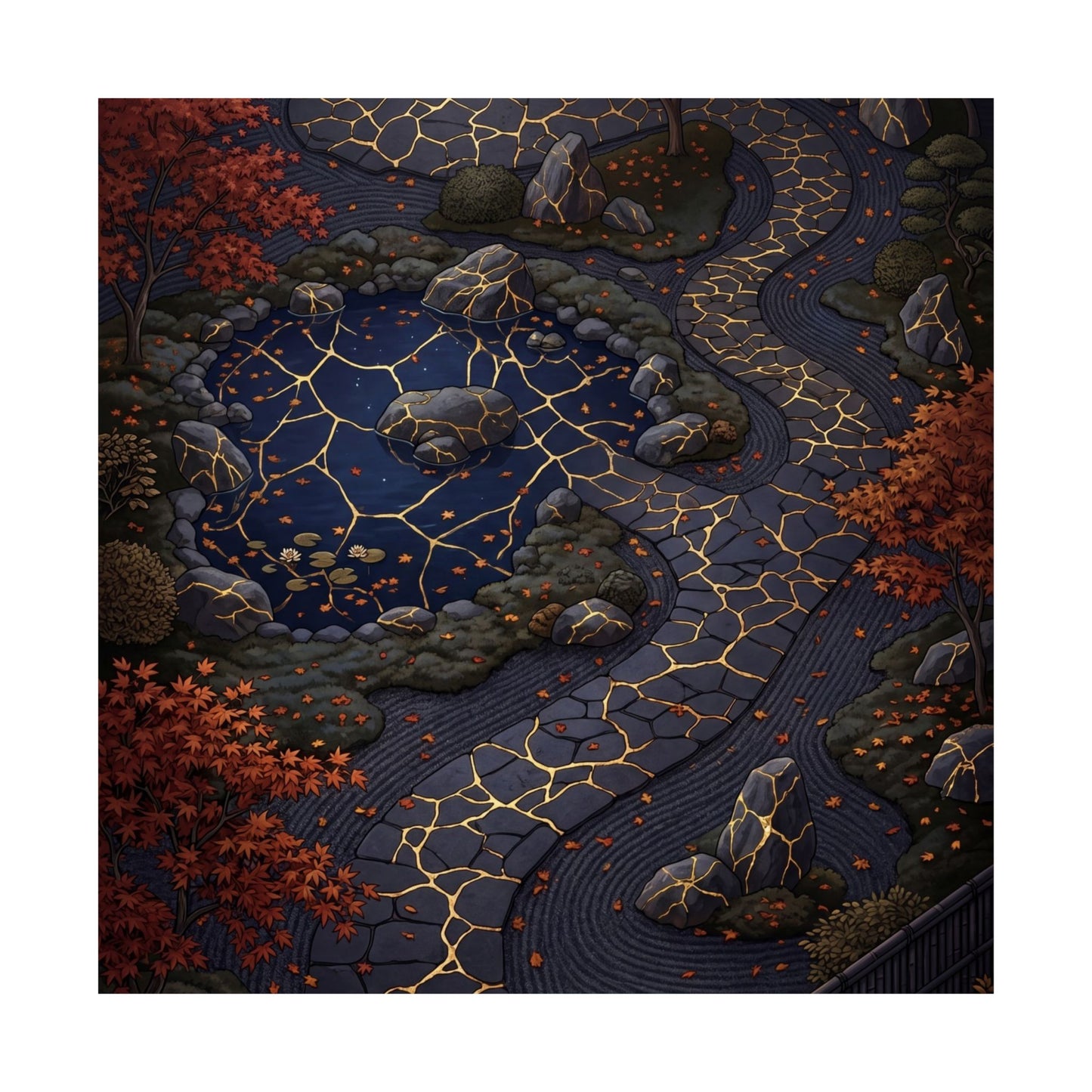 Moonlit Garden Wall Art Print | Autumn Kintsugi Gold Vein Art