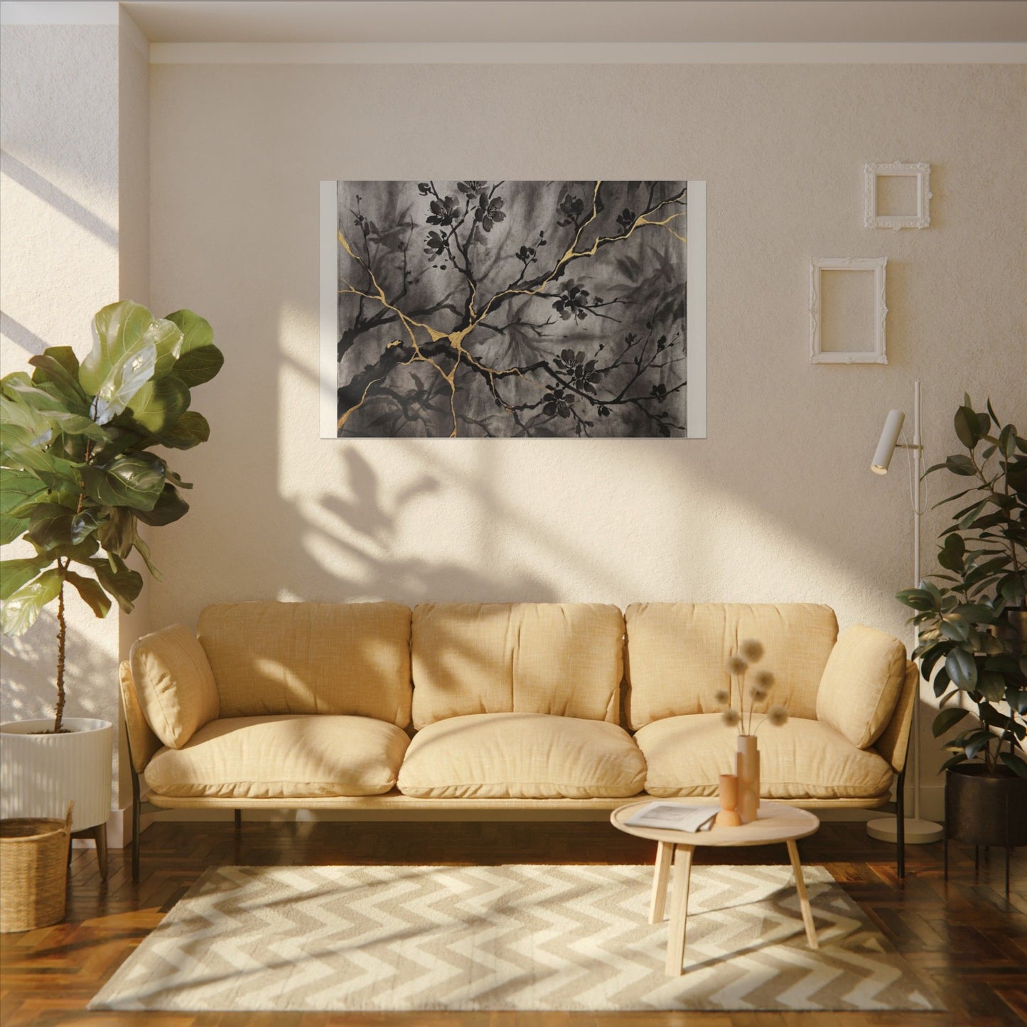 Kanso Cherry Blossom Canvas Art - Kintsugi Crackle Gold