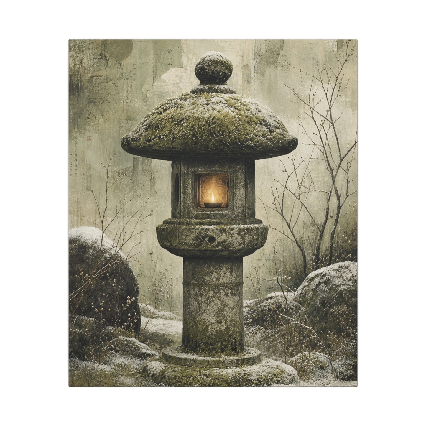 Stone Lantern Winter Canvas Art | Japandi Neutral Design