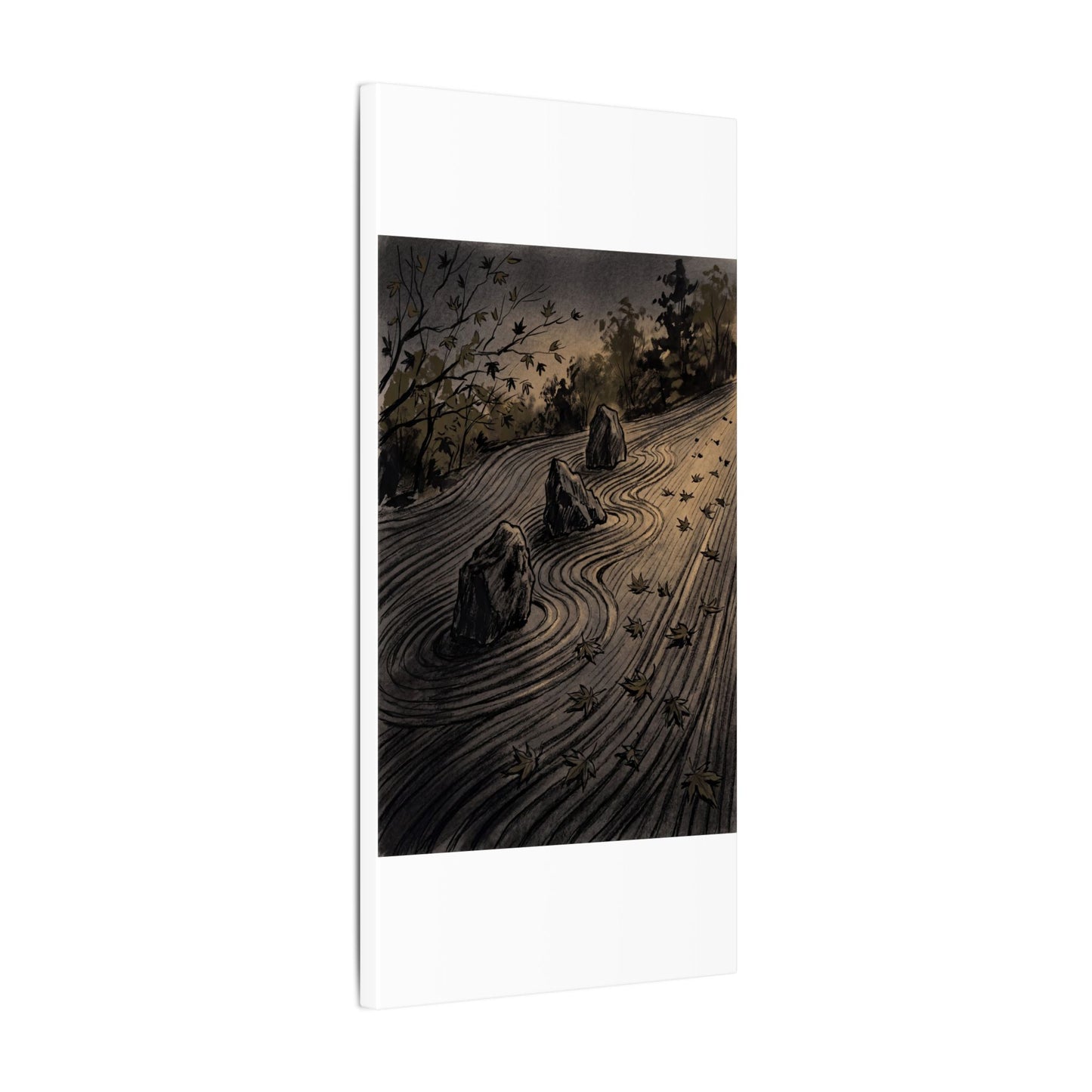 Rock Garden Canvas Art | Autumn Dark Japandi Charcoal Ink Art