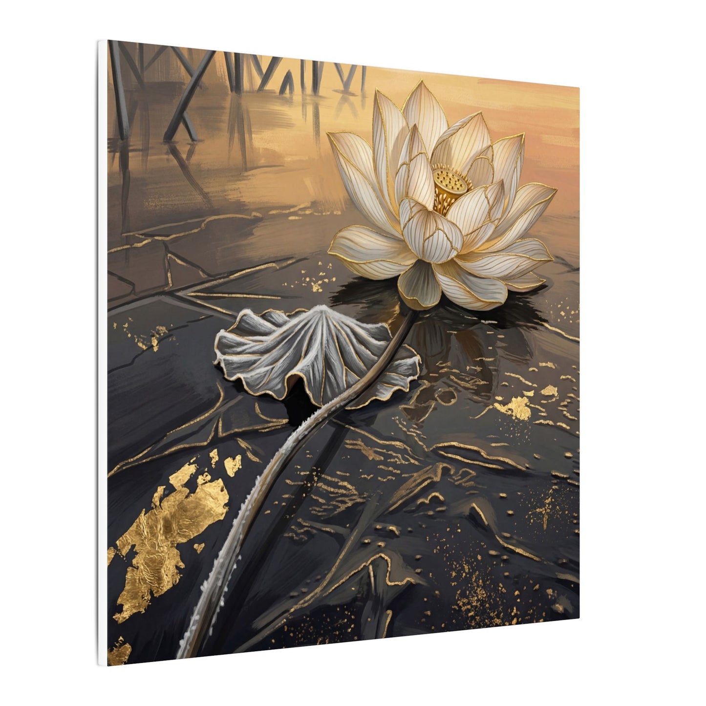 Kintsugi Lotus Flower in Golden Hour | Gold Vein Canvas Art
