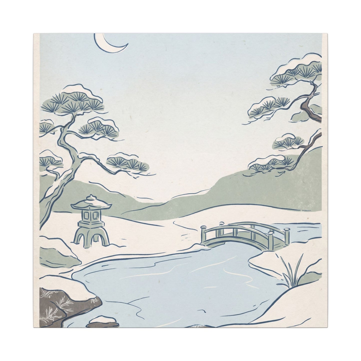 Japandi Moonlit Garden in Moonlight | Minimal Line Canvas Art