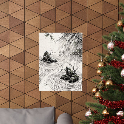 Winter Rock Garden Sumi E Wall Art Print | Serene Decor
