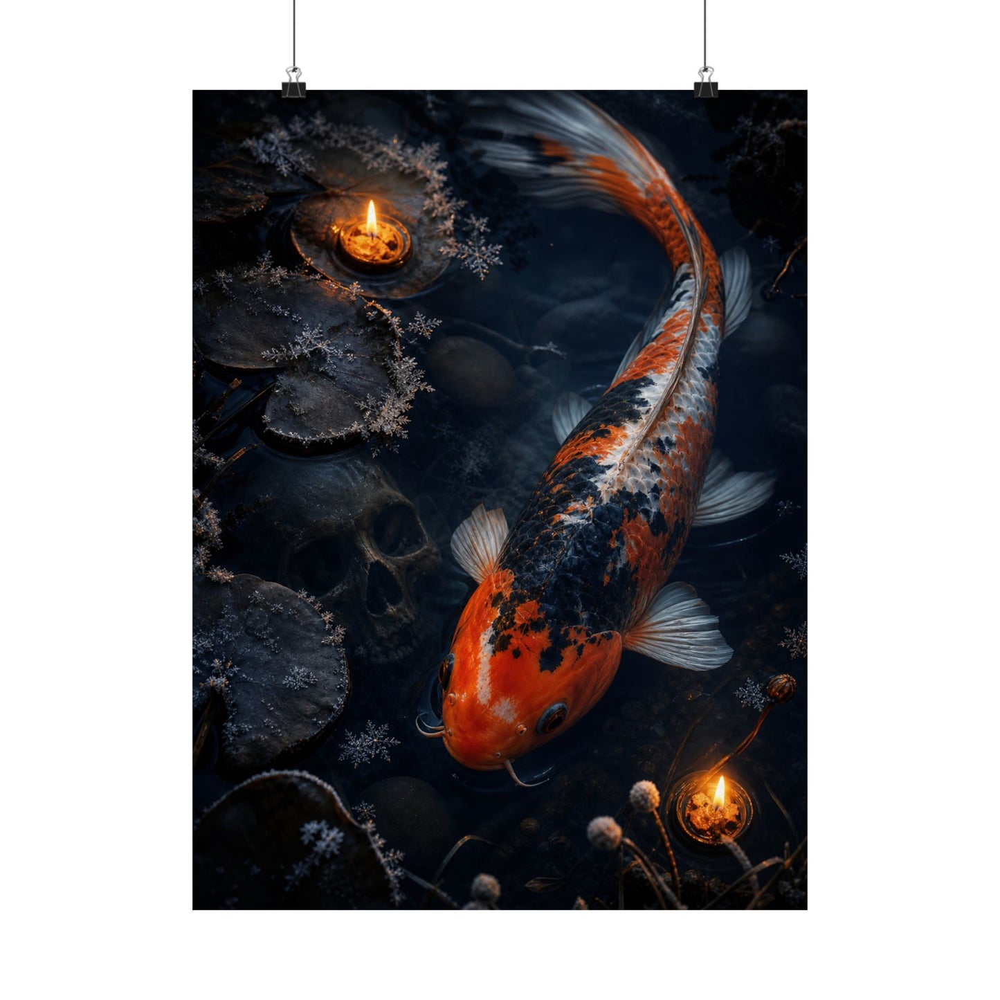 Candlelight Koi Pond Wall Art Print - Dark Japandi Datsuzoku