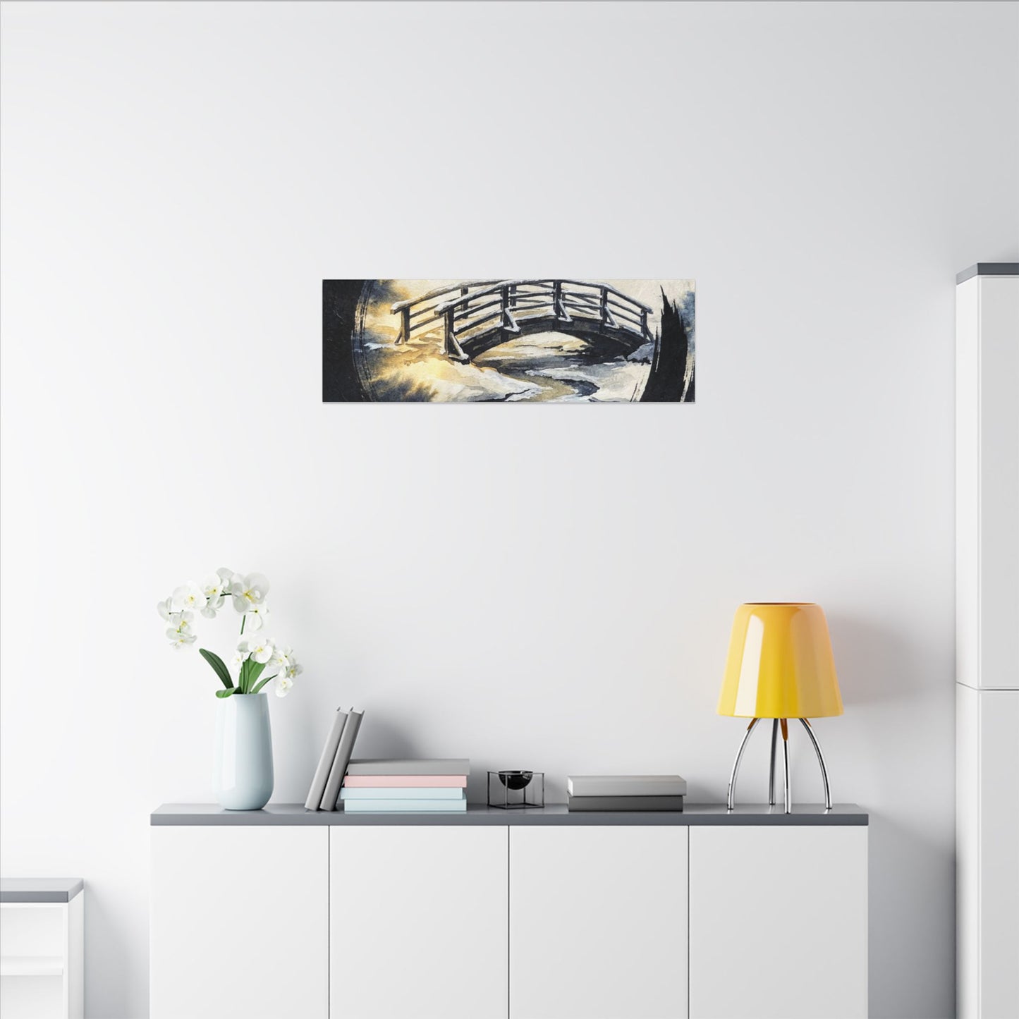 Winter Wooden Bridge Enso Canvas Art | Serene Decor
