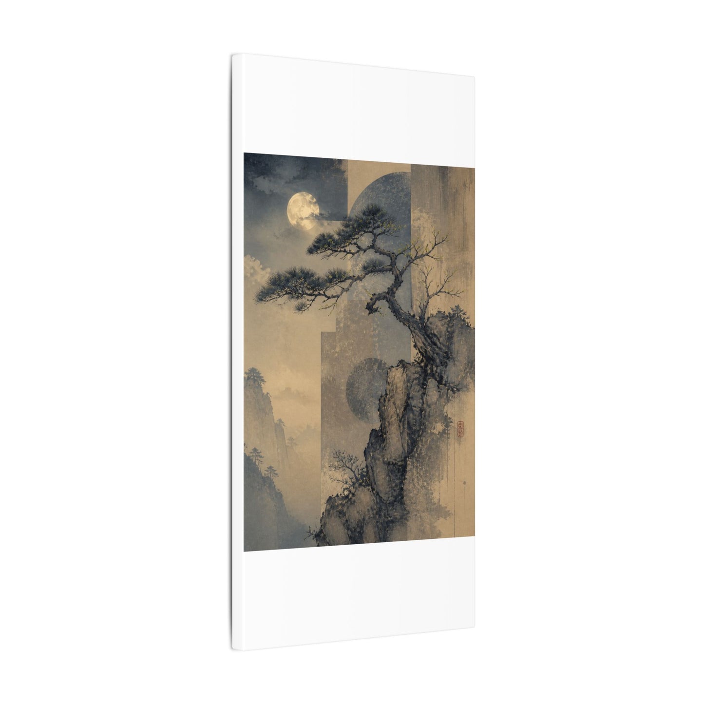 Japandi Pine Tree in Moonlight | Japanese Pattern Canvas Art