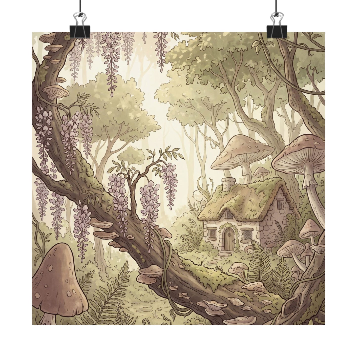 Summer Wisteria Mushroom Illustration Wall Art Print | Rustic Decor Art Print