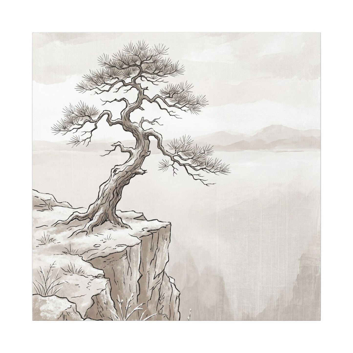 Neutral Pine Tree Canvas Art - Minimal Line Japandi