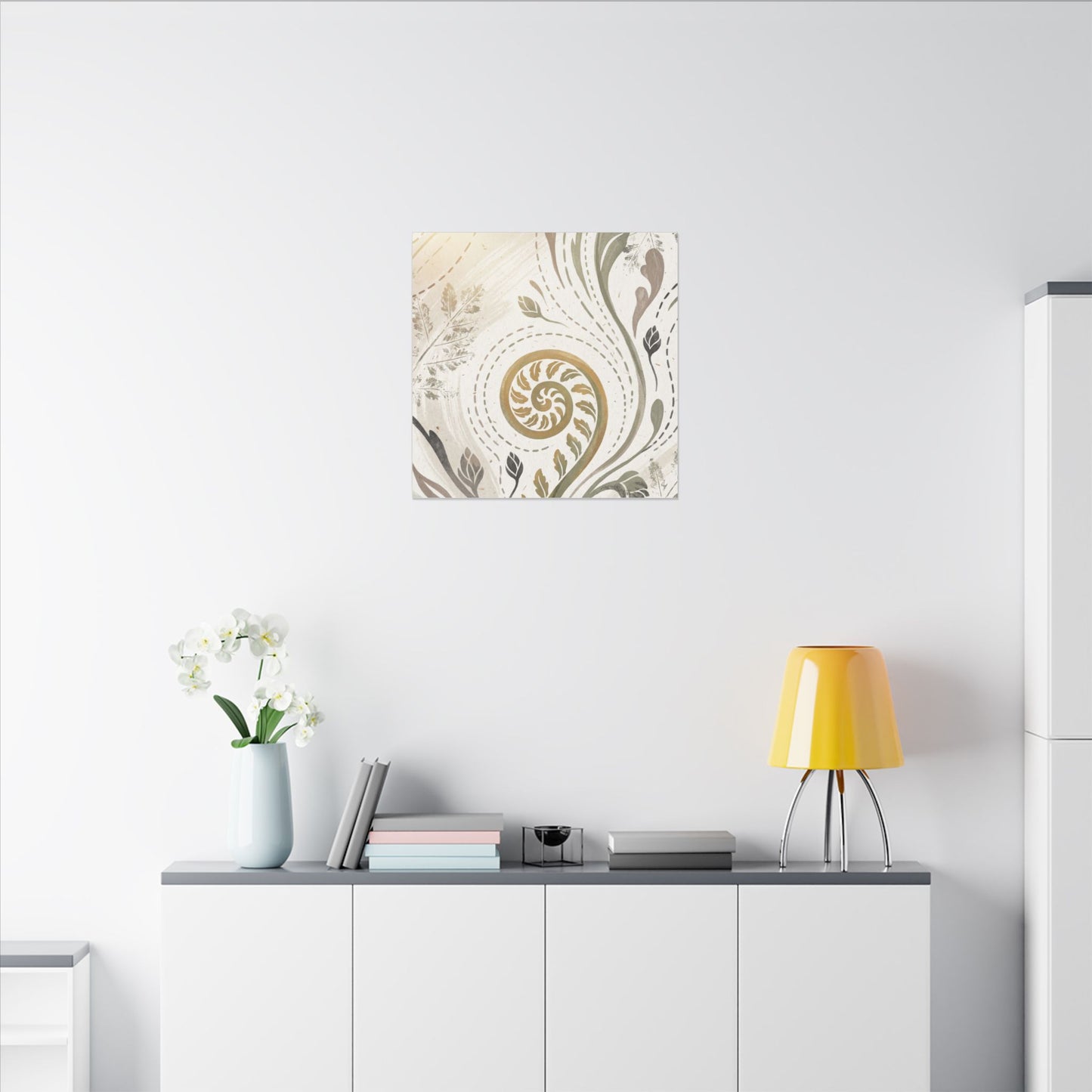 Japandi Fern Unfurling in Golden Hour | Japanese Pattern Canvas Art