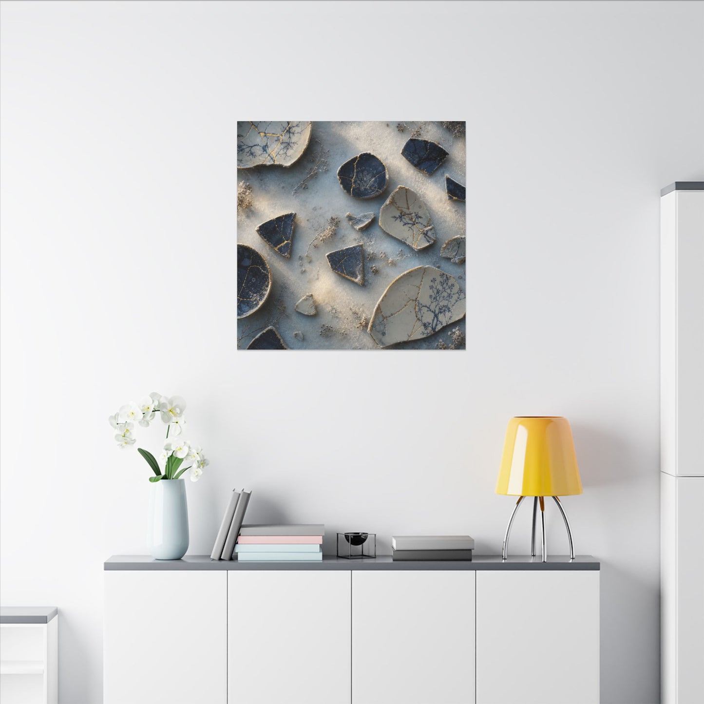 Broken Pottery Canvas Art | Winter Kintsugi Gold Vein Art