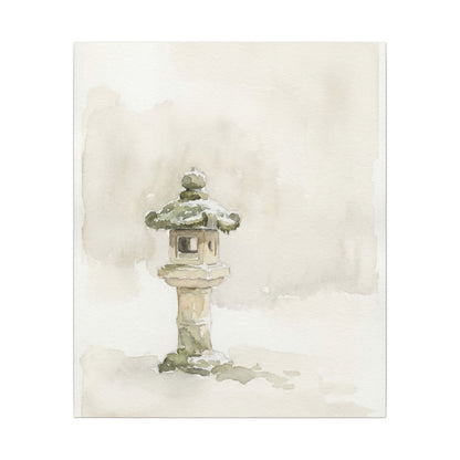 Stone Lantern Winter Canvas Art | Japandi Earthy Design