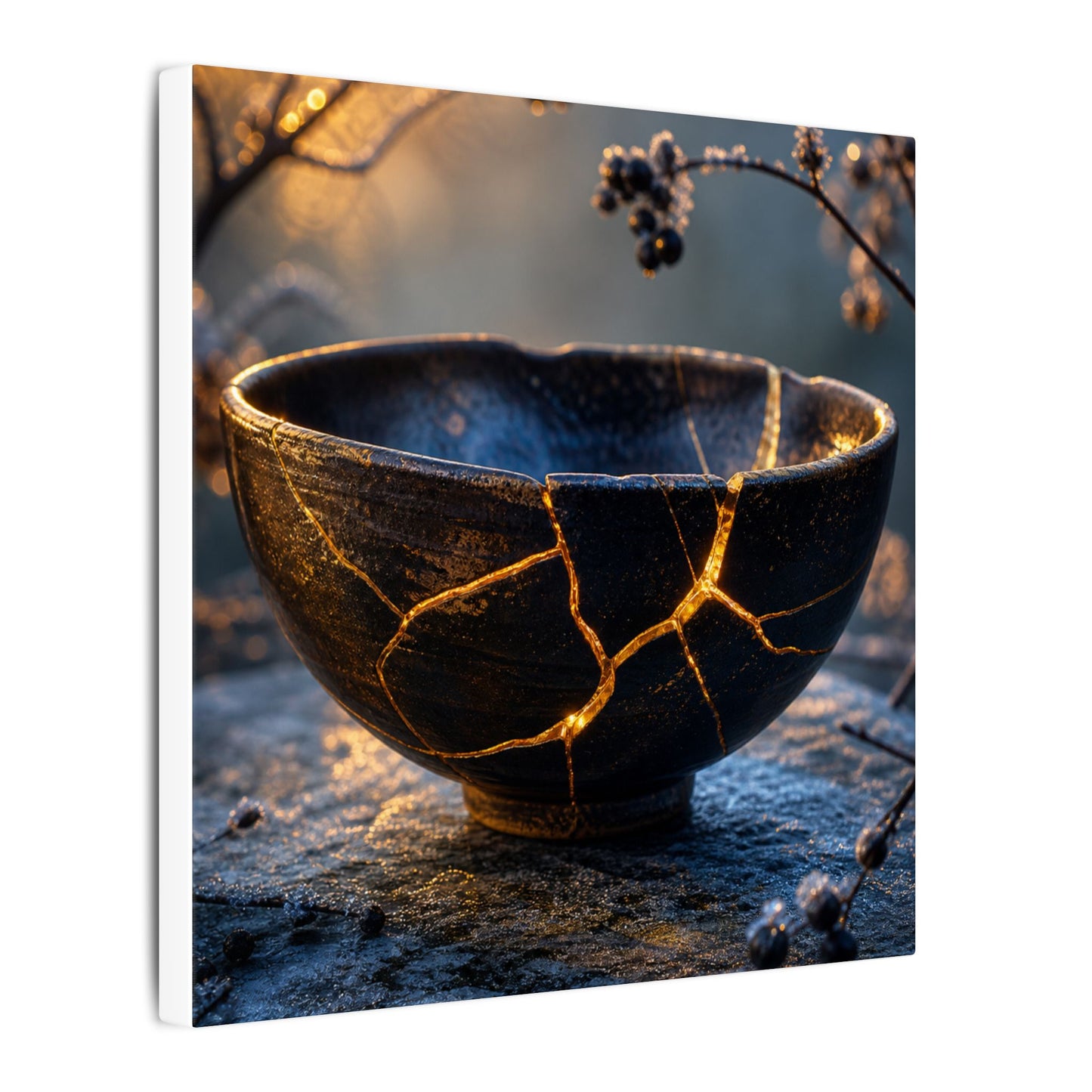 Ceramic Bowl Canvas Art | Winter Kintsugi Gold Repair Art