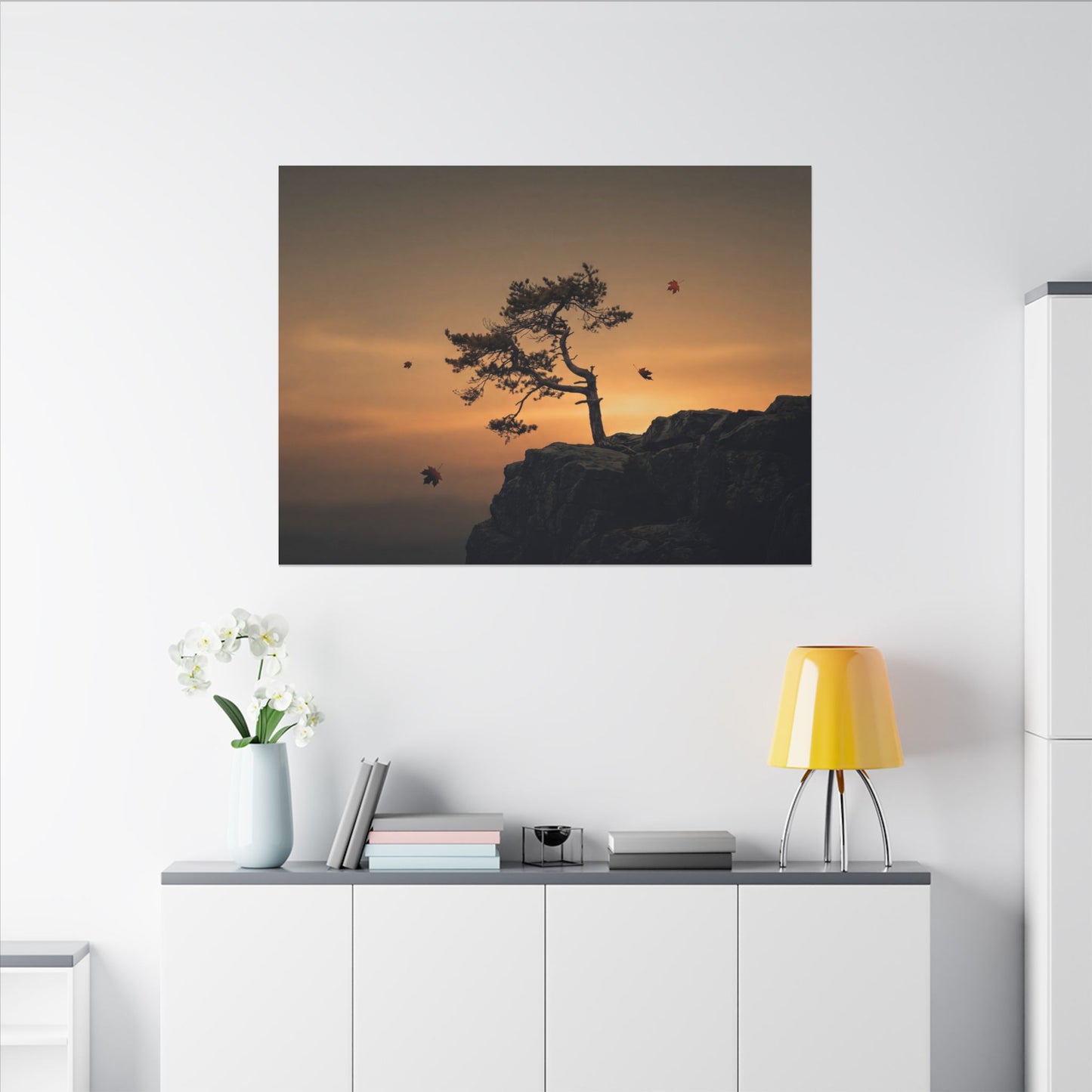 Dark Japandi Pine Tree in Golden Hour | Moody Minimal Canvas Art
