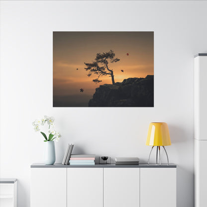Dark Japandi Pine Tree in Golden Hour | Moody Minimal Canvas Art