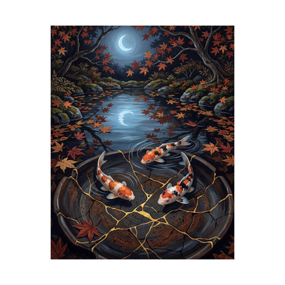 Kintsugi Koi Pond in Moonlight | Gold Repair Wall Art Print
