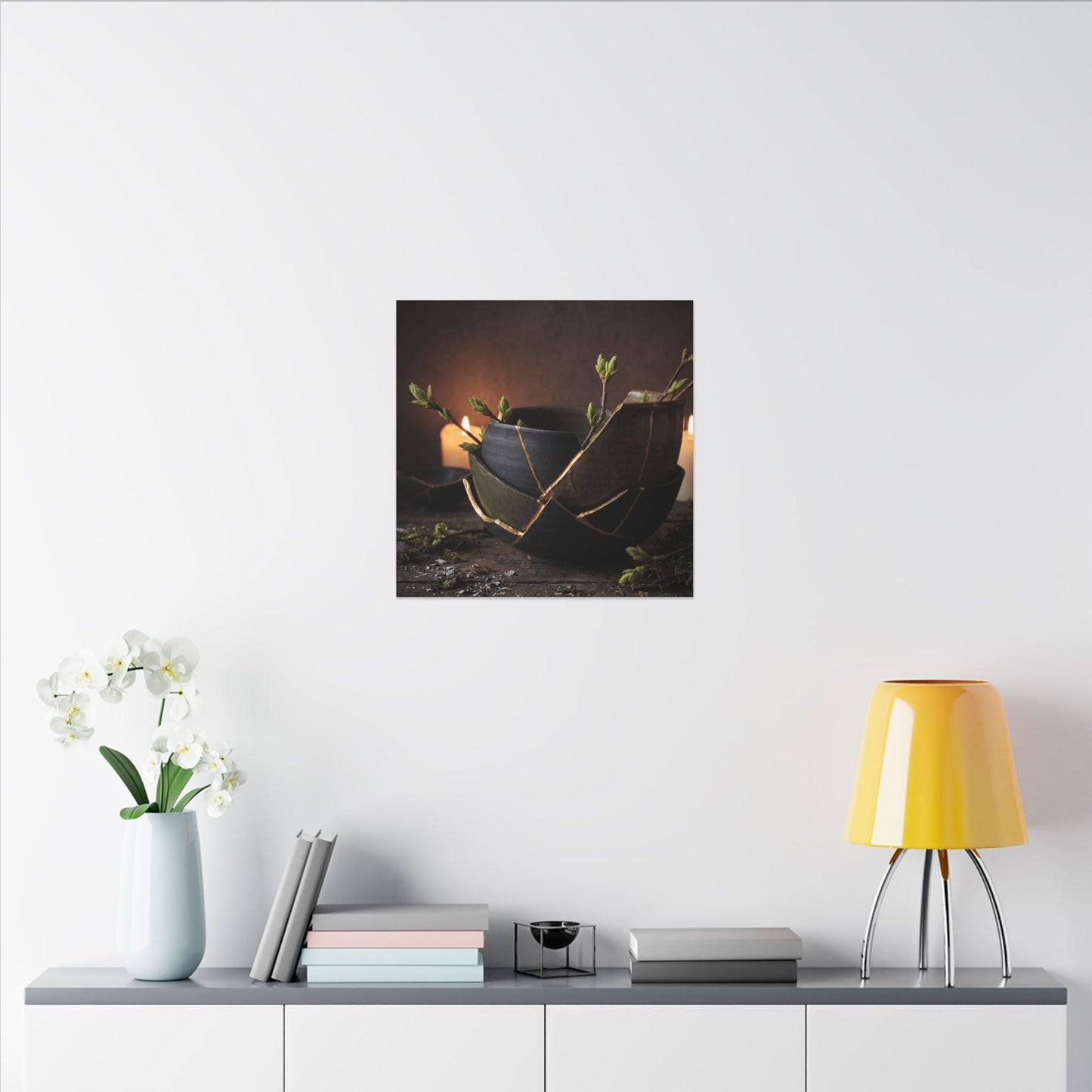 Broken Pottery Spring Canvas Art | Dark Japandi Luxurious Design