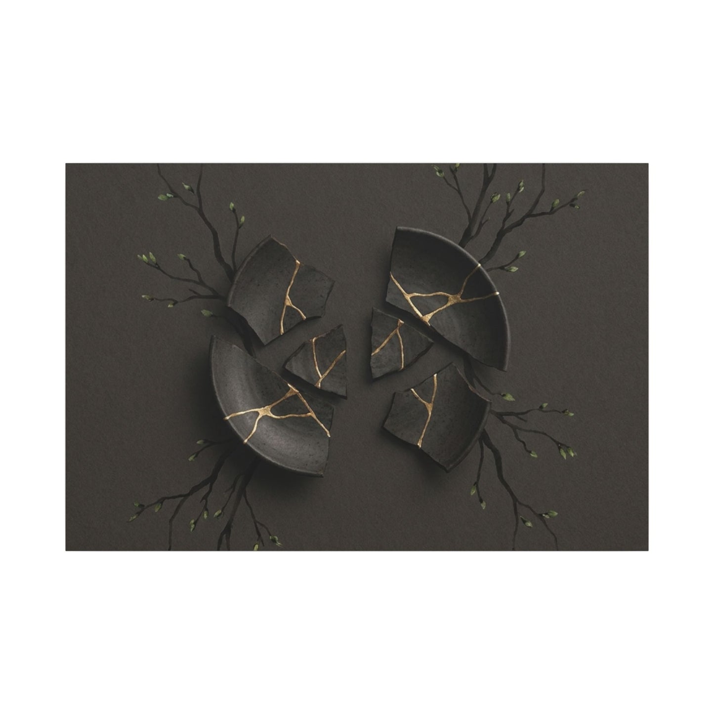 Sophisticated Broken Pottery Canvas Art - Charcoal Ink Dark Japandi
