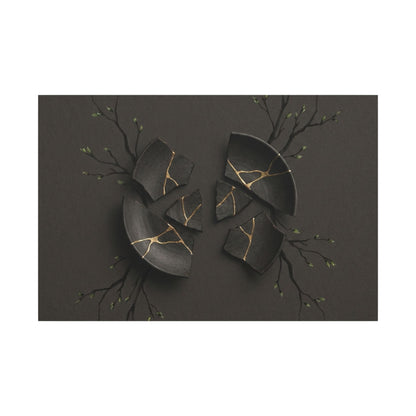 Sophisticated Broken Pottery Canvas Art - Charcoal Ink Dark Japandi