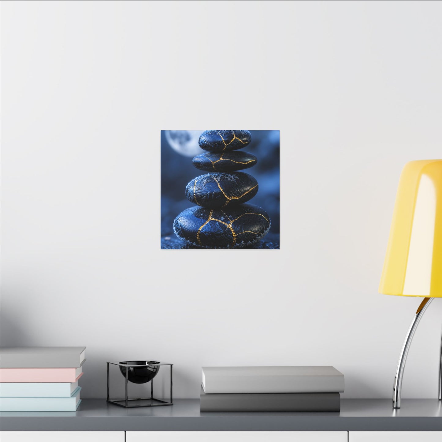 River Stones Canvas Art | Winter Kintsugi Gold Repair Art