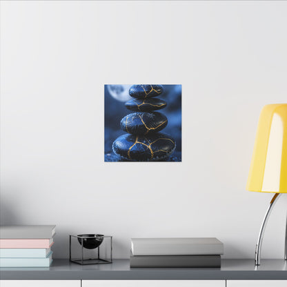 River Stones Canvas Art | Winter Kintsugi Gold Repair Art