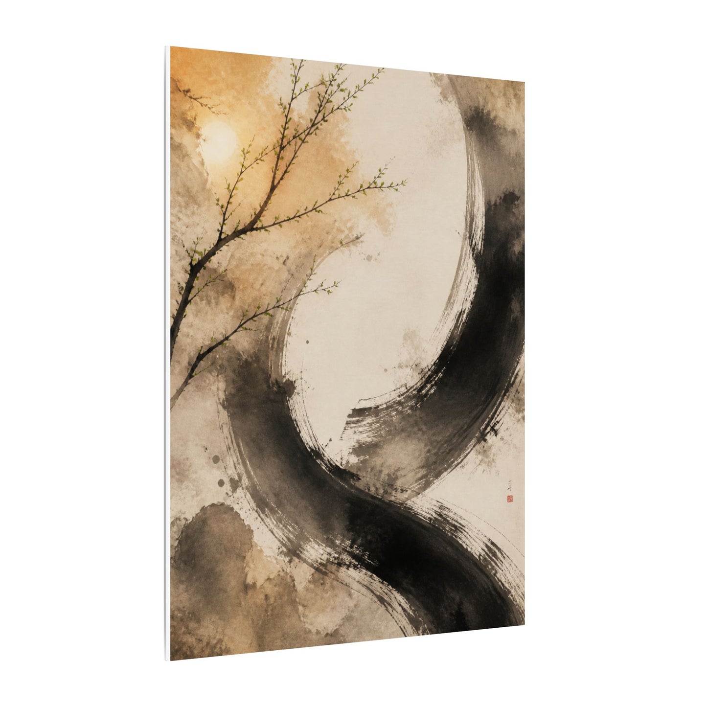 Japandi Ink Brushstroke in Golden Hour | Watercolor Canvas Art