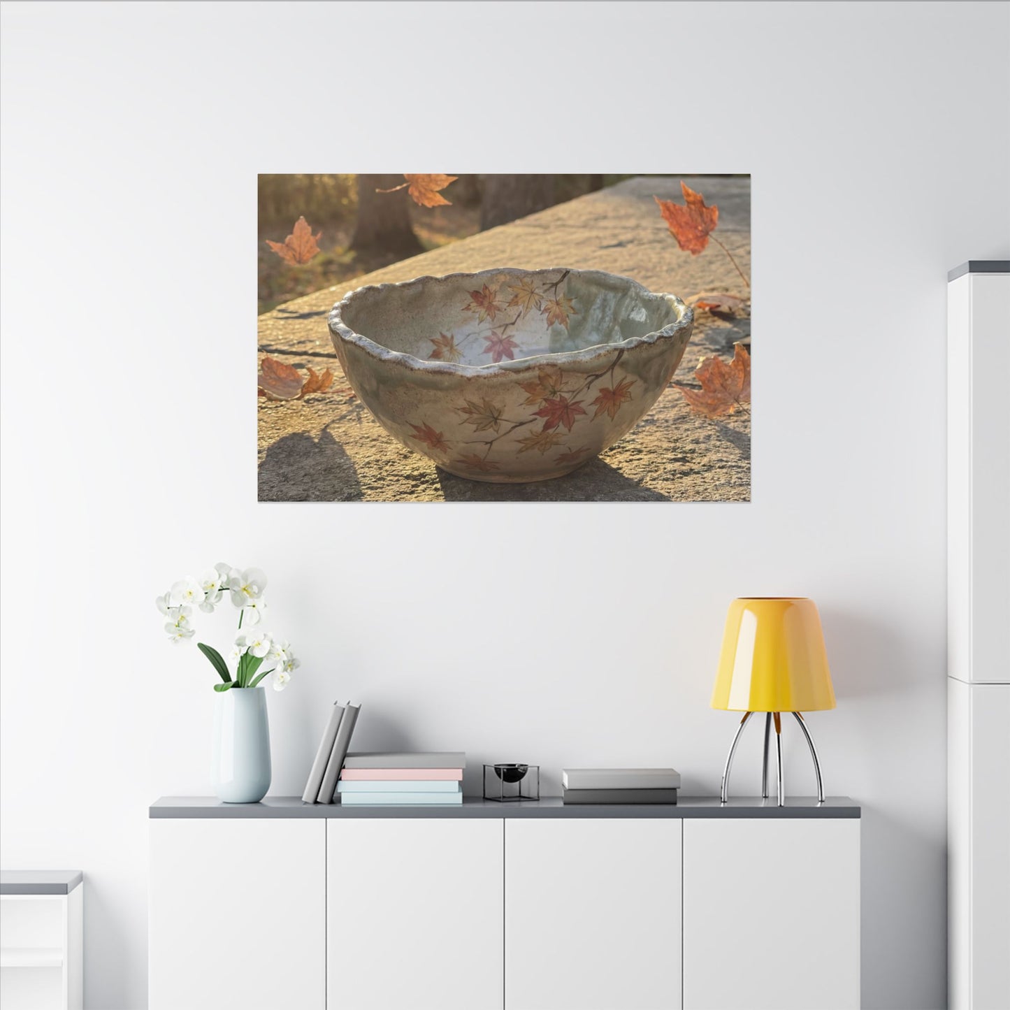 Japandi Ceramic Bowl in Golden Hour | Japanese Pattern Canvas Art
