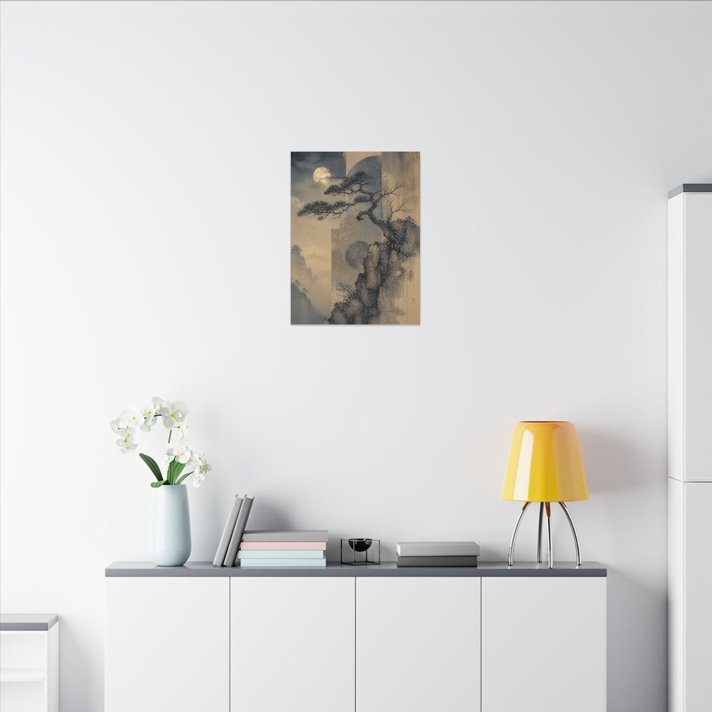 Japandi Pine Tree in Moonlight | Japanese Pattern Canvas Art