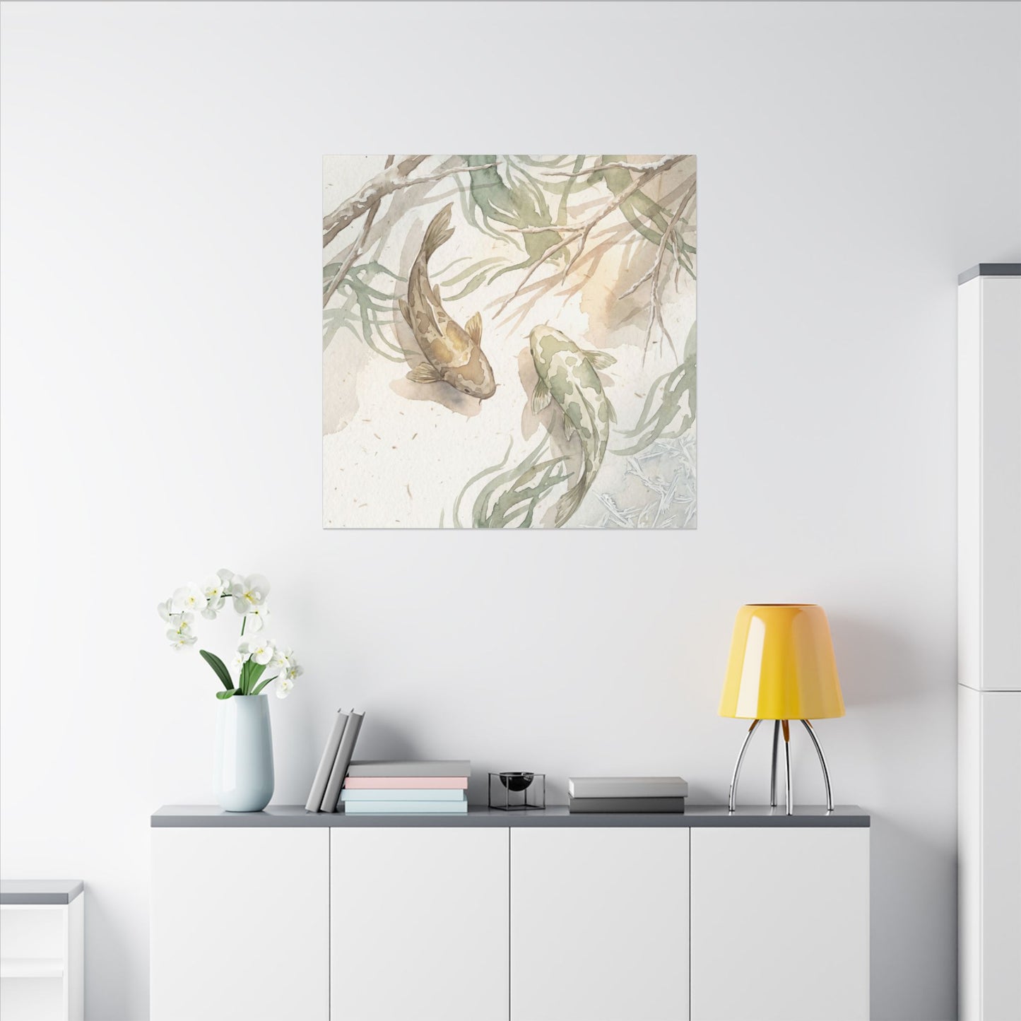 Koi Pond Canvas Art | Winter Japandi Watercolor Art