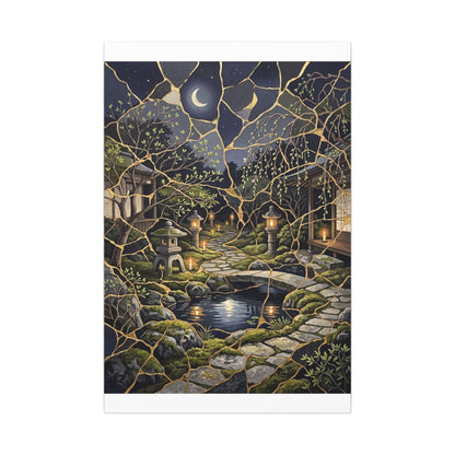 Kintsugi Moonlit Garden in Candlelight | Gold Vein Canvas Art
