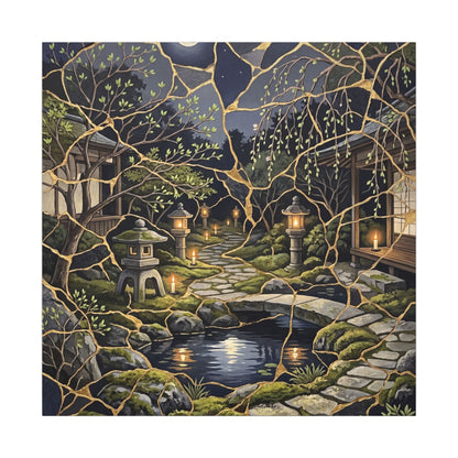 Kintsugi Moonlit Garden in Candlelight | Gold Vein Canvas Art