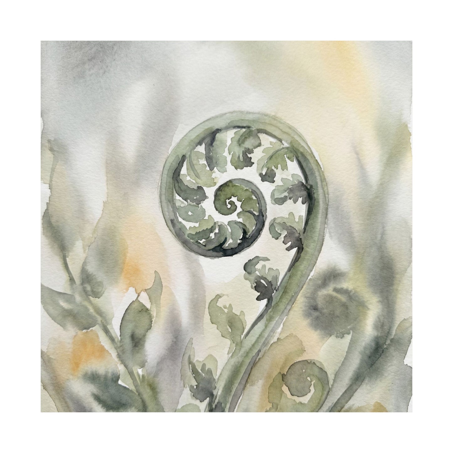 Fern Unfurling Watercolor Wall Art Print | Earthy Japandi Art