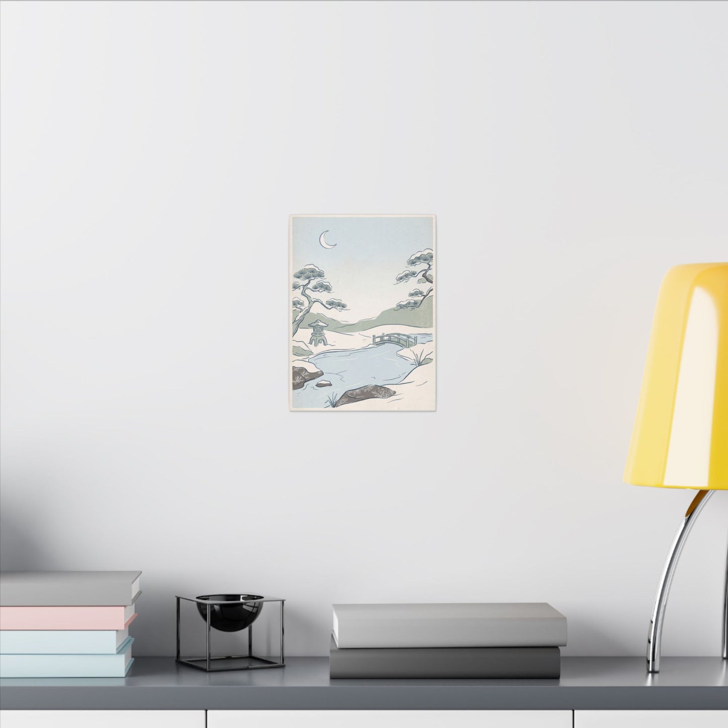Japandi Moonlit Garden in Moonlight | Minimal Line Canvas Art
