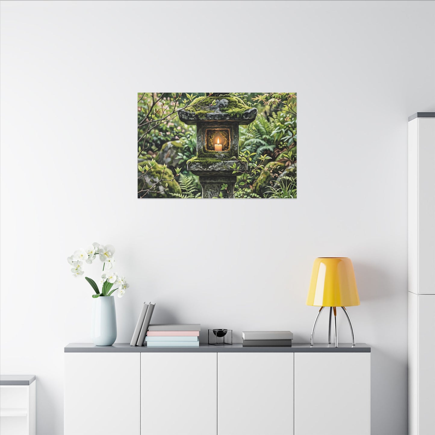 Neutral Stone Lantern Canvas Art - Japanese Pattern Japandi