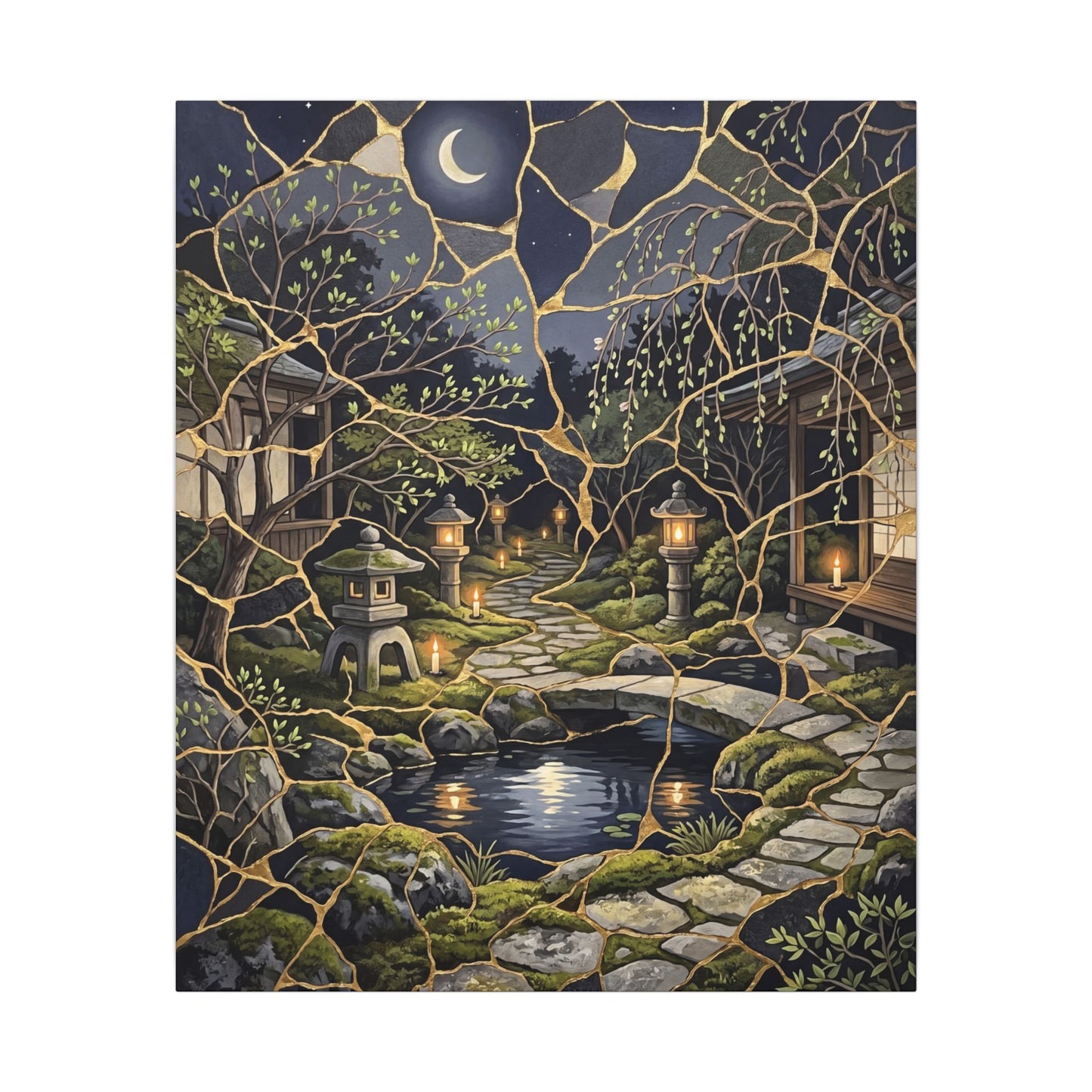 Kintsugi Moonlit Garden in Candlelight | Gold Vein Canvas Art