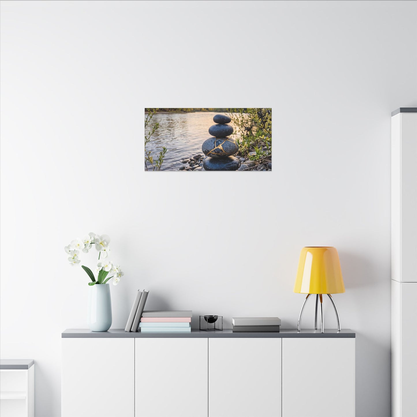 Kintsugi River Stones in Golden Hour | Gold Vein Canvas Art