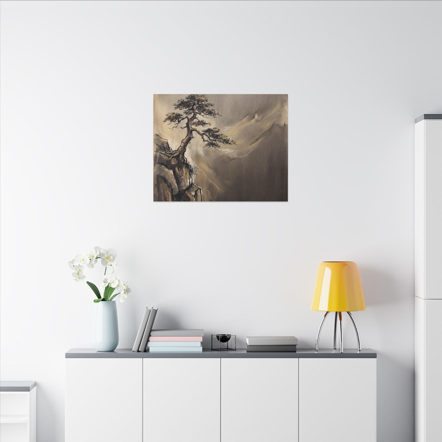 Pine Tree Charcoal Ink Canvas Art | Luxurious Dark Japandi Art