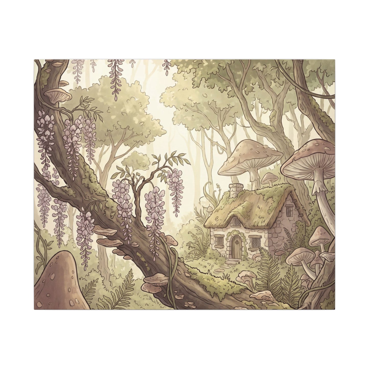 Summer Wisteria Mushroom Illustration Canvas Art | Enchanting Decor