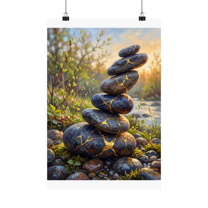 River Stones Wall Art Print | Spring Kintsugi Gold Repair Art