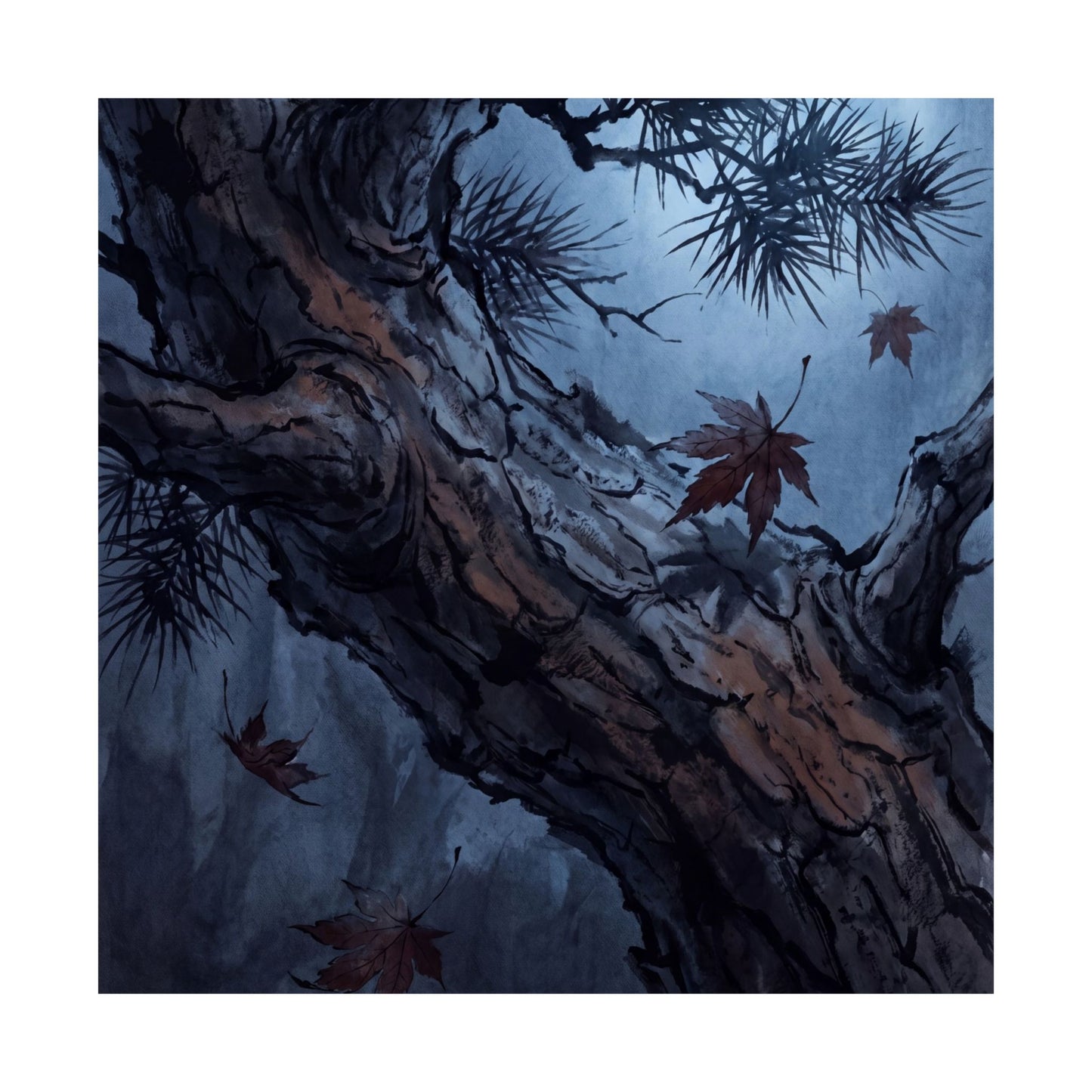 Kanso Pine Tree Wall Art Print - Dark Japandi Shadow Zen