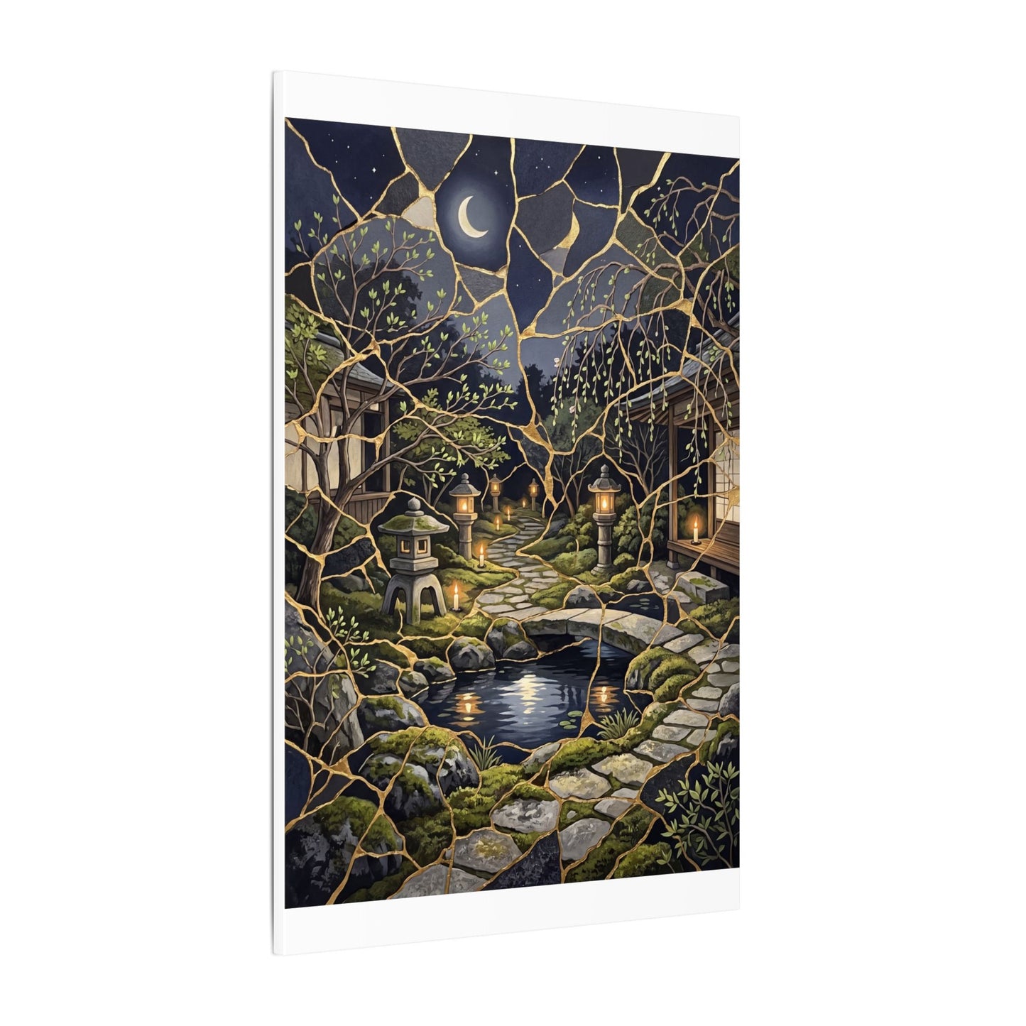 Kintsugi Moonlit Garden in Candlelight | Gold Vein Canvas Art