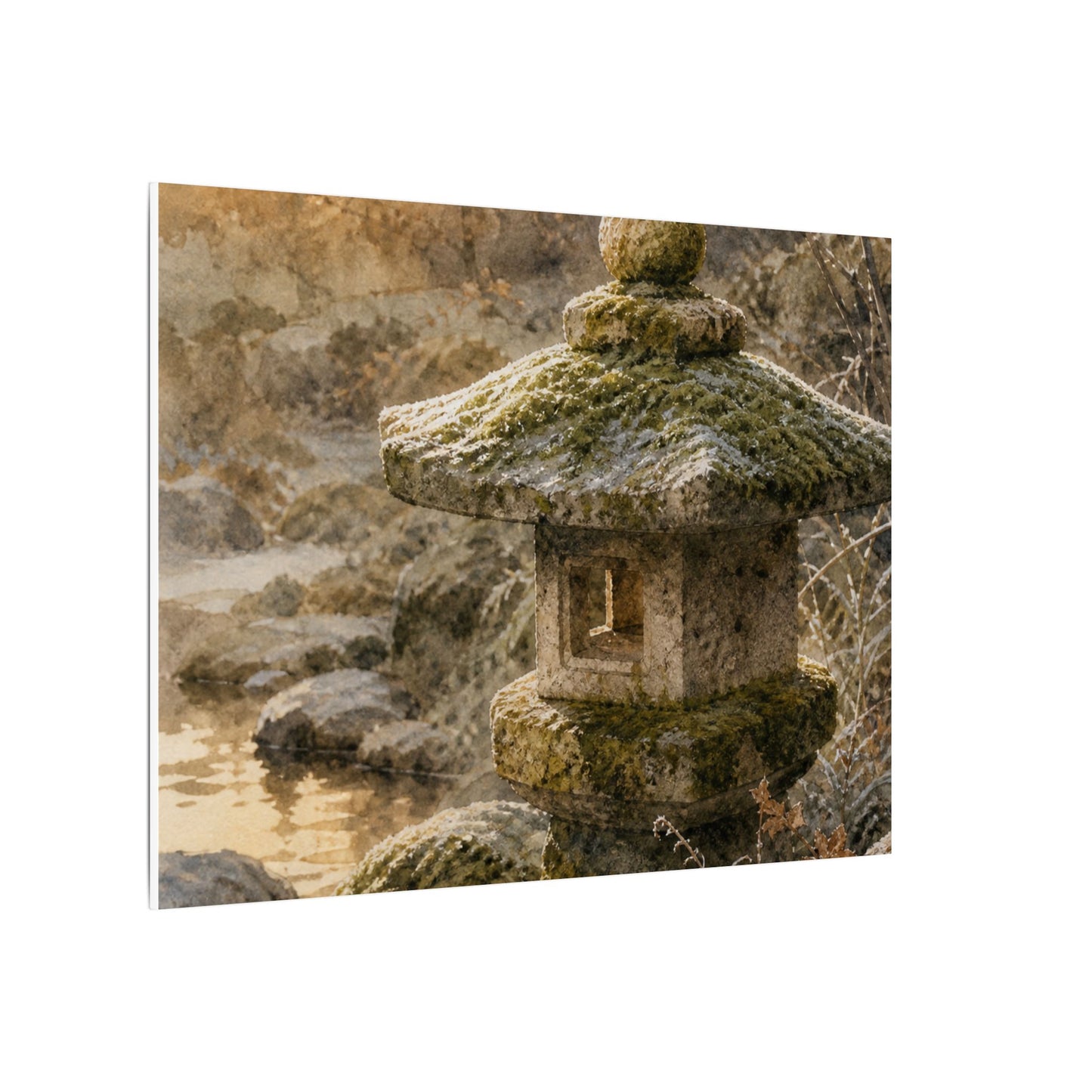 Winter Stone Lantern Watercolor Canvas Art | Earthy Decor