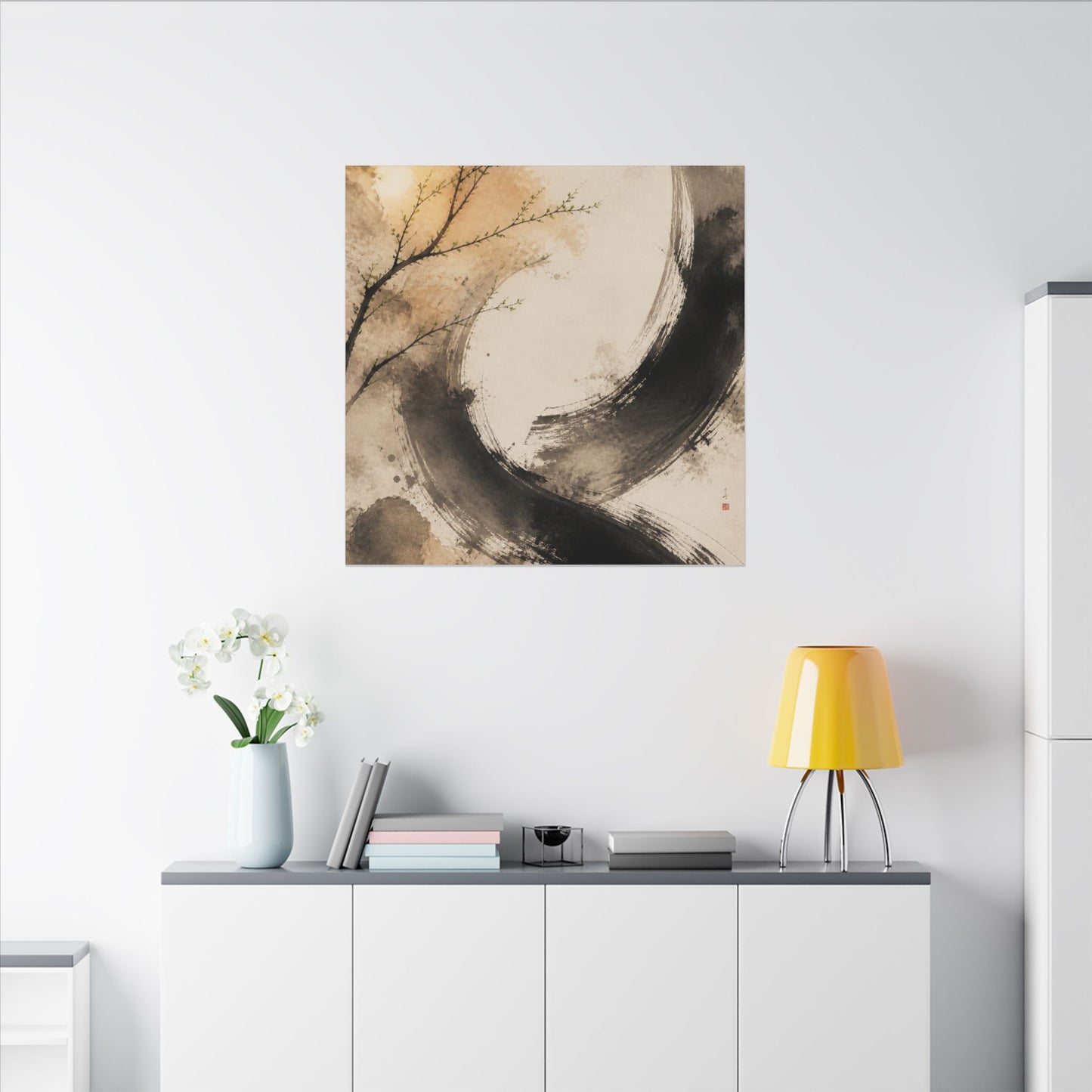 Japandi Ink Brushstroke in Golden Hour | Watercolor Canvas Art