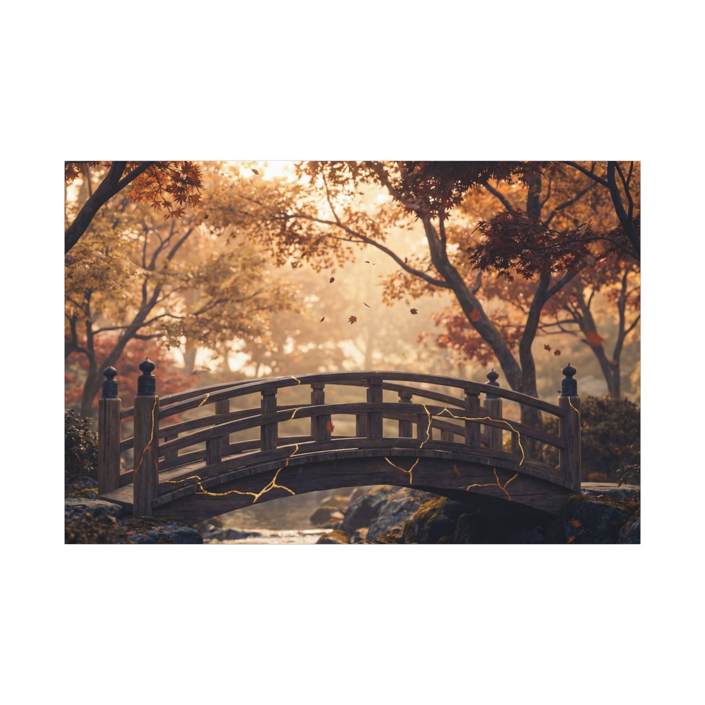 Autumn Wooden Bridge Gold Vein Canvas Art | Resilient Decor