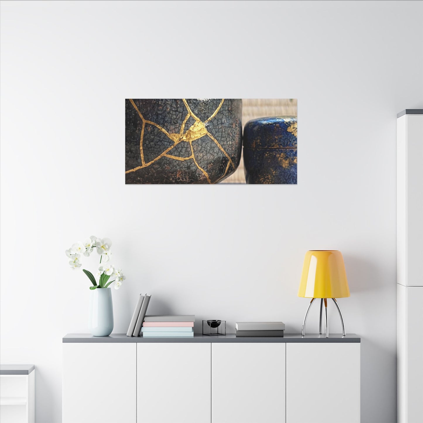 Tea Ceremony Crackle Gold Canvas Art | Philosophical Kintsugi Art
